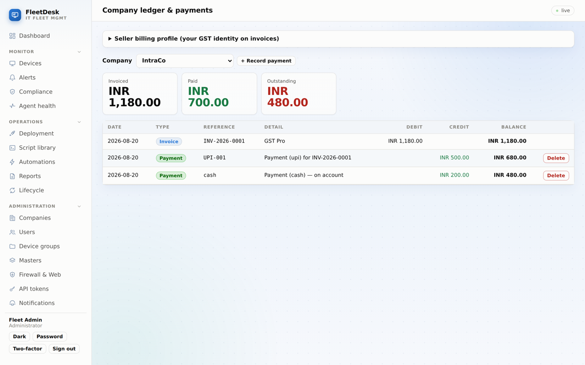 Per-company licensing, GST invoices, payments and a full ledger.
